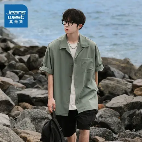 VF真维斯2025夏季新款潮男衬衫纯色翻领男宽松港风ins痞帅短袖商品大图
