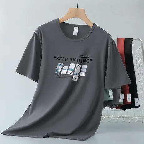 莫代尔冰丝t恤男士短袖速干凉感上衣服圆领体恤潮牌潮流印花半袖图片