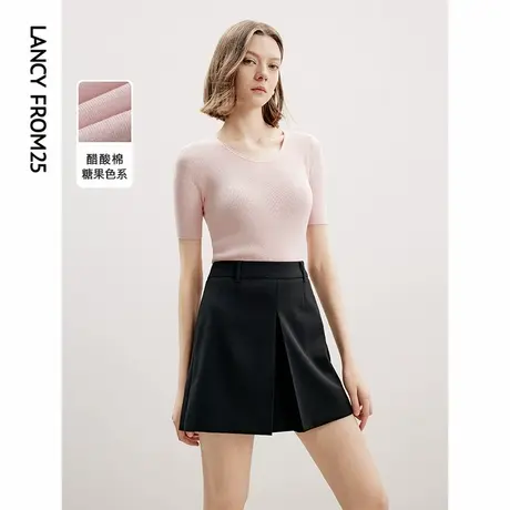 朗姿醋酸修身高级感气质短袖百搭上衣女2024秋季新款薄款毛针织衫图片