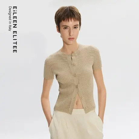 朗姿欧洲EiLEEN ELITEE短袖亚麻修身针织开衫高级2025年夏季新款图片