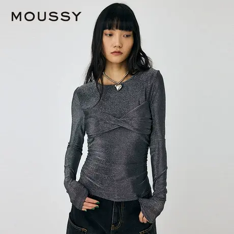 MOUSSY 春季新品气质淑女细闪交叉褶修身打底针织衫010HAK80-5351商品大图