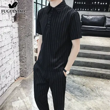 富贵鸟休闲运动套装男士搭配条纹短袖t恤2025夏季新款帅气长裤男商品大图