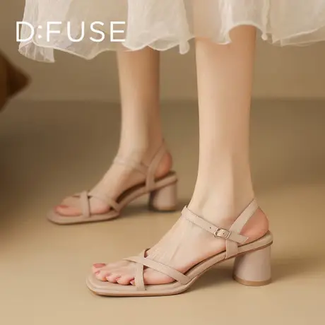D：Fuse/迪芙斯粗跟凉鞋女夏季2025新款仙女风配裙子一字带高跟鞋图片