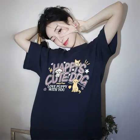 藏蓝色纯棉短袖t恤女2025年新款半袖宽松显瘦美式精致设计感上衣图片