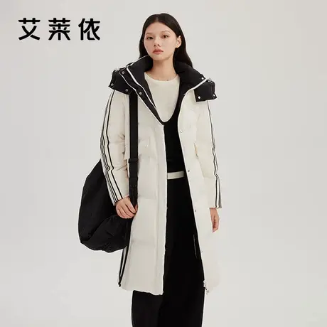 艾莱依户外长款羽绒服连帽复古拼接织带新款休闲宽松大衣防风保暖商品大图