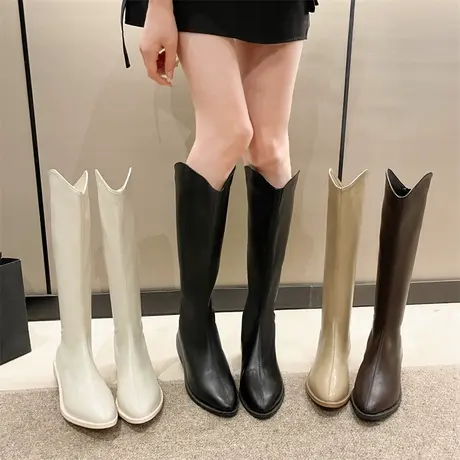 长筒靴女2023新款春秋高筒粗跟v口骑士靴尖头时装高级不过膝靴子商品大图