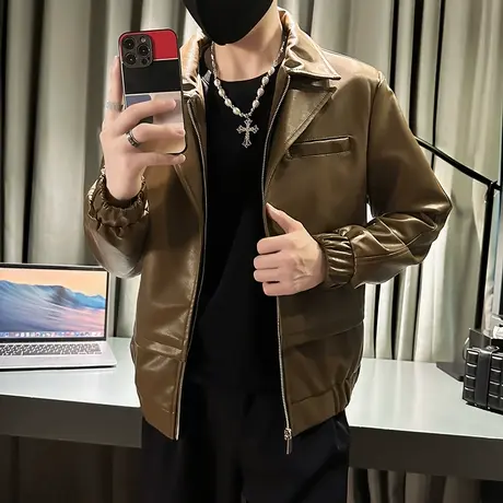 皮衣外套男秋季潮牌高街机车骑行服拼接假两件个性短款皮夹克上衣商品大图