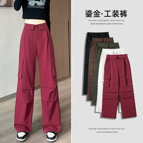 酒红色伞兵运动裤女2025春季新款高腰直筒显瘦宽松美式登山阔腿裤商品大图