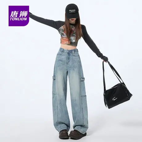 唐狮美式工装阔腿牛仔裤女2025新款复古高腰显瘦宽松拖地弯刀裤AX商品大图