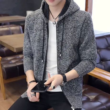 秋冬季新款潮流帅气连帽针织开衫纯色线衣服冬装厚款毛衣外套男士商品大图