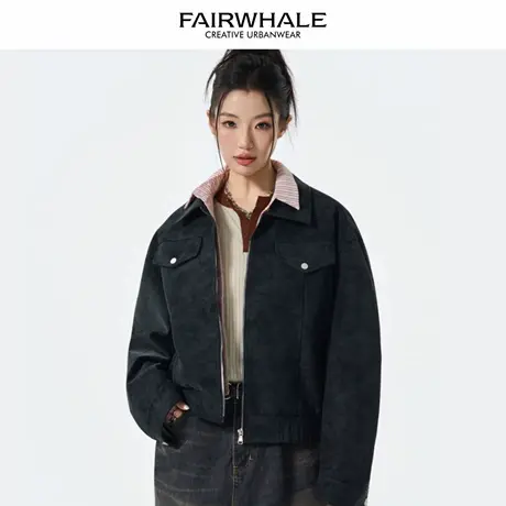 马克华菲美式复古立领短款外套女2025新款春秋宽松休闲百搭上衣潮图片