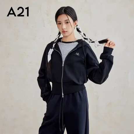A21女装针织合体连帽插肩开襟卫衣外套2025新款拉链简约宽松上衣商品大图