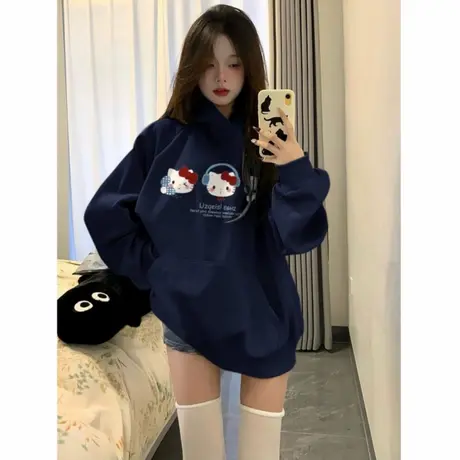 藏青色复古连帽卫衣女秋季新款oversize宽松凯蒂猫印花设计感上衣商品大图