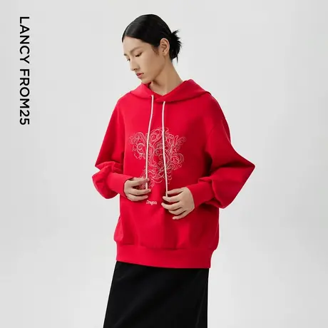[朗姿奥莱]LANCY/朗姿2024春季新款红色喜庆连帽抽绳宽松卫衣女时商品大图