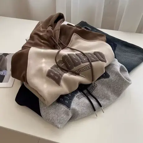 oversize插肩袖连帽卫衣女薄款秋装宽松百搭韩版撞色拼接上衣外套商品大图