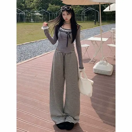 黑白条纹镰刀裤2025夏季新款美式垂感百搭抽绳宽松阔腿休闲运动裤商品大图
