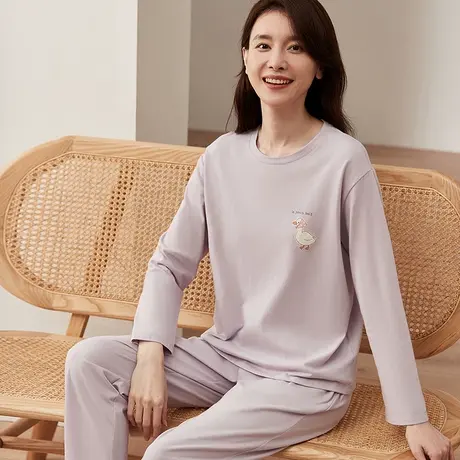 顶瓜瓜春秋纯棉女士睡衣卡通鸭子长袖长裤简约薄款家居服套装商品大图