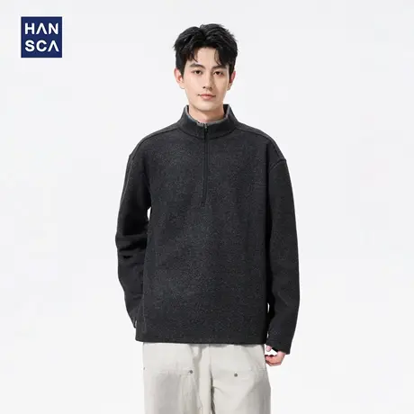 hansca410g高克重半拉链立领长袖t恤男秋季复古宽松黑色套头上衣图片