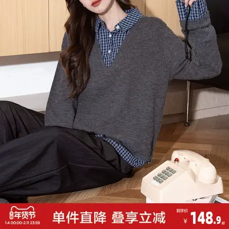 唐狮2026秋冬季毛衣女超好看格子布拼接假两件翻领套头慵懒风商品大图