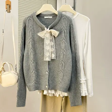 唐狮秋冬季女毛衣温柔风蕾丝蝴蝶结设计开衫可爱日常百搭tu图片