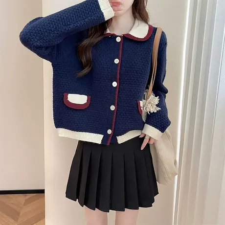 唐狮秋冬季女毛衣优雅气质撞色翻领开衫通勤约红色费尔岛外套TD商品大图