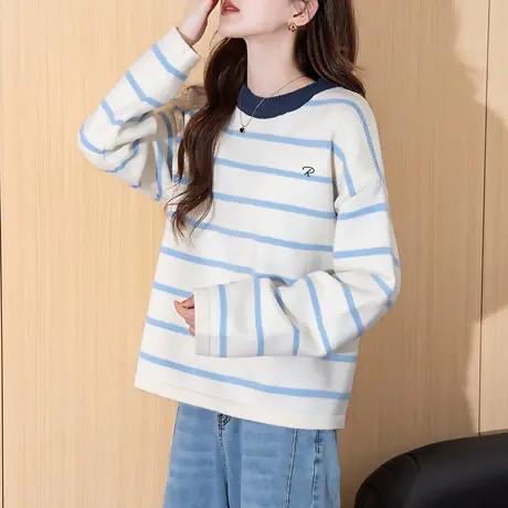 唐狮秋冬毛衣女温柔经典条纹设计圆领套头时尚气质女毛线衫TD图片