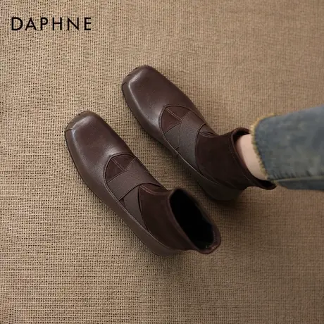 达芙妮棕色弹力短靴女2025新款冬季加绒瘦瘦靴平底百搭短筒女靴子商品大图