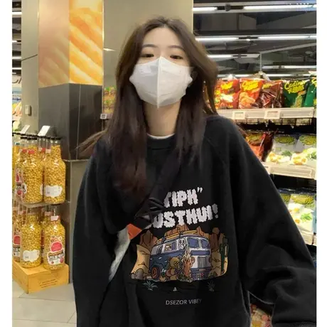 美式复古黑色无帽卫衣女2023新款爆款小个子秋冬季设计感加绒外套商品大图