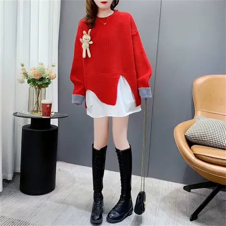 网红设计感假两件圆领毛衣女2022新款秋冬宽松洋气减龄拼接针织衫图片