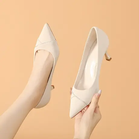 单鞋女2023秋冬季百搭新款水钻尖头细跟单鞋气质职业工作鞋高跟鞋商品大图