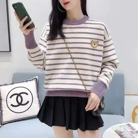 学院风新款女生针织衫秋冬季高中生小熊打底衫宽松休闲韩系毛衣女商品大图