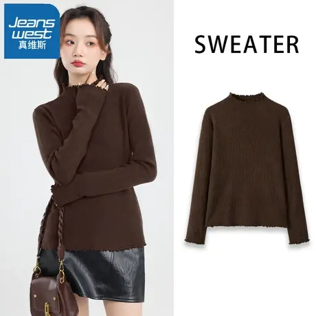 VR真维斯套头毛衣女秋冬2023新款木耳边针织衫女士外穿内搭打底衫商品大图