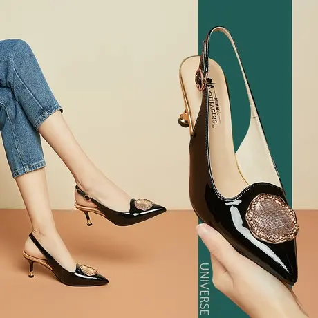 清仓黑色凉鞋女包头细跟夏天鞋子浅口尖头高跟外穿真皮女鞋商品大图