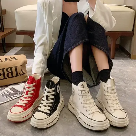 内增高帆布鞋女白色高帮2023新款春秋原宿风厚底学生休闲小白板鞋图片