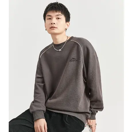 唐狮圆领卫衣男士春秋季华夫格拼接衣服运动风美式套头外套ins潮图片