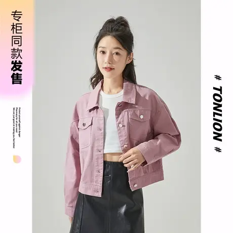 [商场同款]唐狮春秋季外套女彩色后背小牛牛仔外套休闲少女风印图片