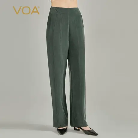 VOA40姆米重磅真丝墨绿自然腰做旧砂洗工艺侧插袋软糯亲肤直筒裤图片