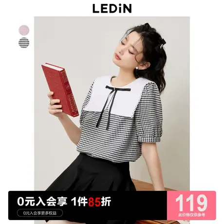 乐町精致大翻领衬衫夏季新款女小香风格纹质感学院风格纹短袖图片