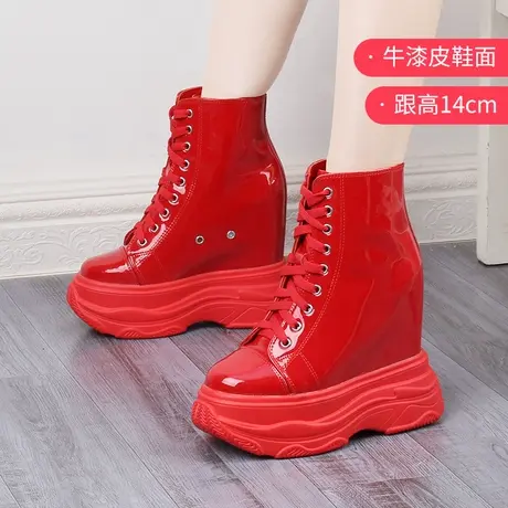 断码鞋休闲厚底鞋女士松糕坡跟高帮鞋小个子内增高14CM红色婚鞋商品大图