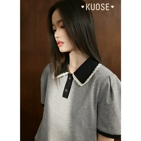 阔色Polo领灰色短袖正肩t恤女2023夏季新款泡泡袖短款上衣商品大图