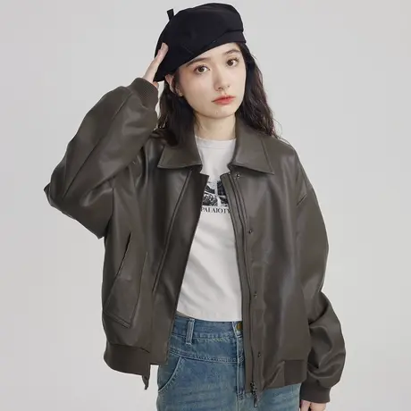 尔给今年流行设计感宽松复古pu皮衣女2023新款外套港风小个子高级商品大图