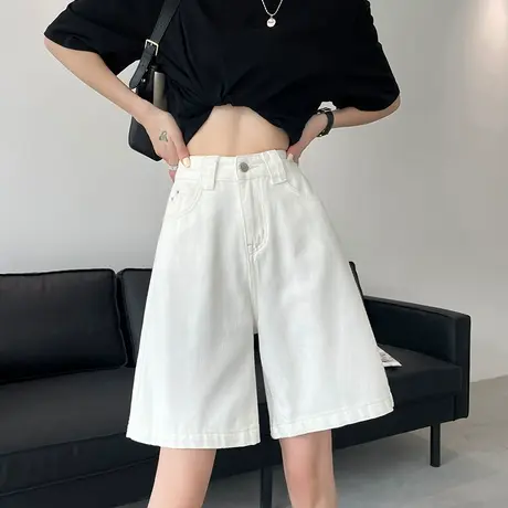 潮ins白色牛仔短裤女夏季薄款高腰宽松显瘦港味直筒阔腿五分中裤商品大图