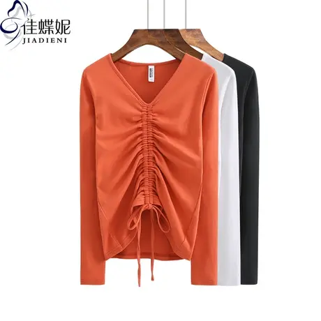 春秋新款V领下抽绳修身体恤上衣长袖打底内搭韩版显瘦女装纯棉T恤商品大图