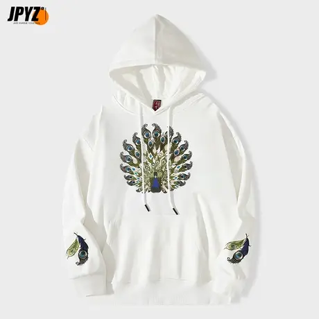 连帽孔雀刺绣卫衣男2022新款秋冬季连帽衫套头上衣国潮流宽松外套商品大图