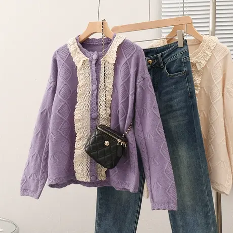 2023秋装针织衫圆领女长袖蕾丝小香风上衣毛衣时尚气质开衫外套女商品大图