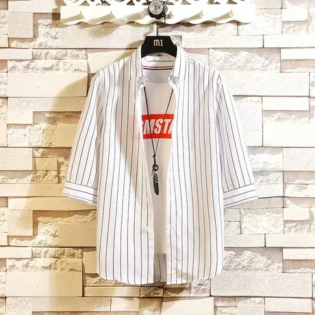 港风条纹衬衫男七分袖潮流青少年帅气短袖衬衣中学生个性休闲上衣商品大图