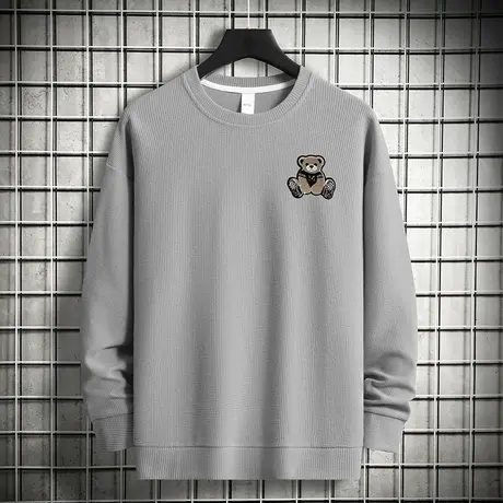 华夫格卫衣男春秋季潮流宽松小熊无帽上衣服圆领长袖t恤休闲百搭商品大图