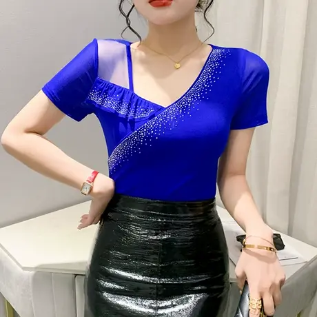 网纱荷叶边上衣女短袖欧货性感气质V领T恤重工烫钻紧身小衫夏装潮图片