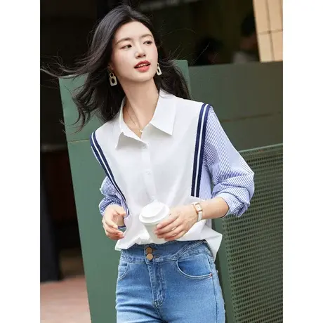 时尚气质长袖衬衫2023年秋季新款女士简约翻领宽松显瘦通勤上衣商品大图