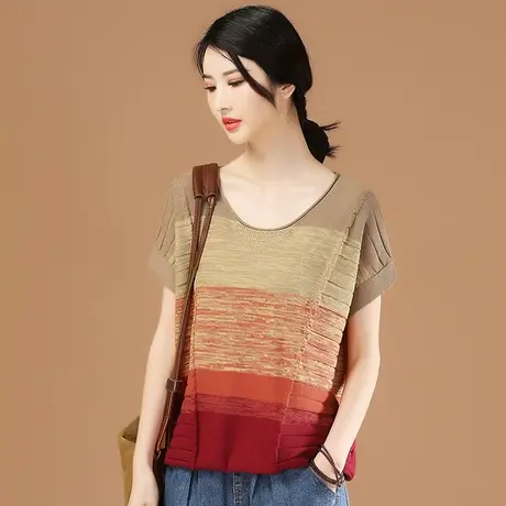 韩潮袭人复古条纹短袖针织衫薄款女2024夏装新款套头t恤宽松外穿商品大图